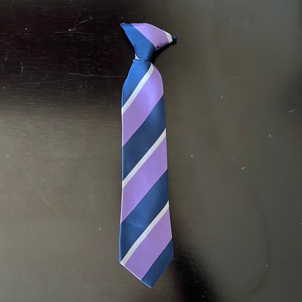 Boys Clip On Tie in Blue/Lavender/White Stripe